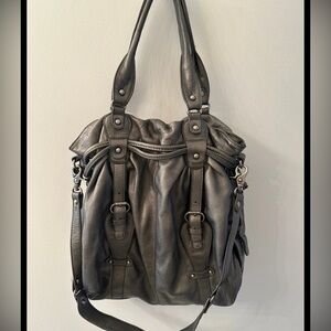 Sabina New York genuine leather grey satchel crossbody buckle purse